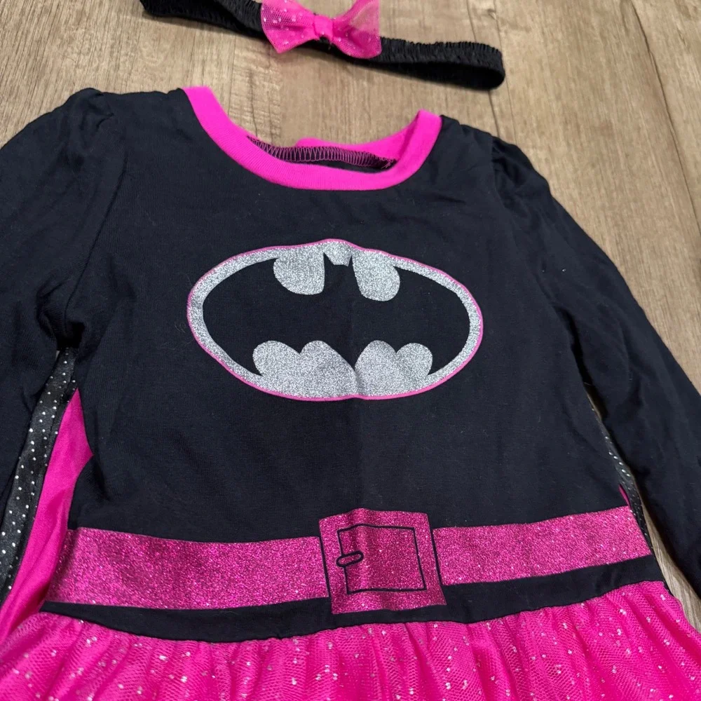 Batman Batgirl Costume Dress Set Girl 4T Cape Headband Tights Glitter Pink Black
